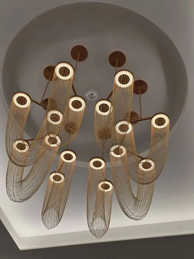 U‑Shaped Metal Chain Custom Chandelier Real Project Case | Bespoke Lighting for Luxury Villa Double‑Height Foyer & Hotel Lobby